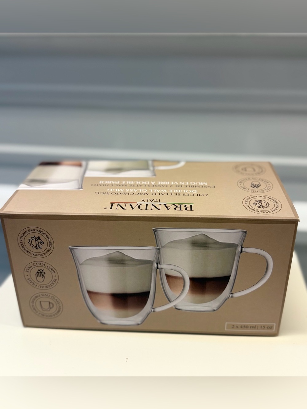 Brandani Double Wall Glass Coffee Mugs - Clear (Set of 2) 15 oz. Cups